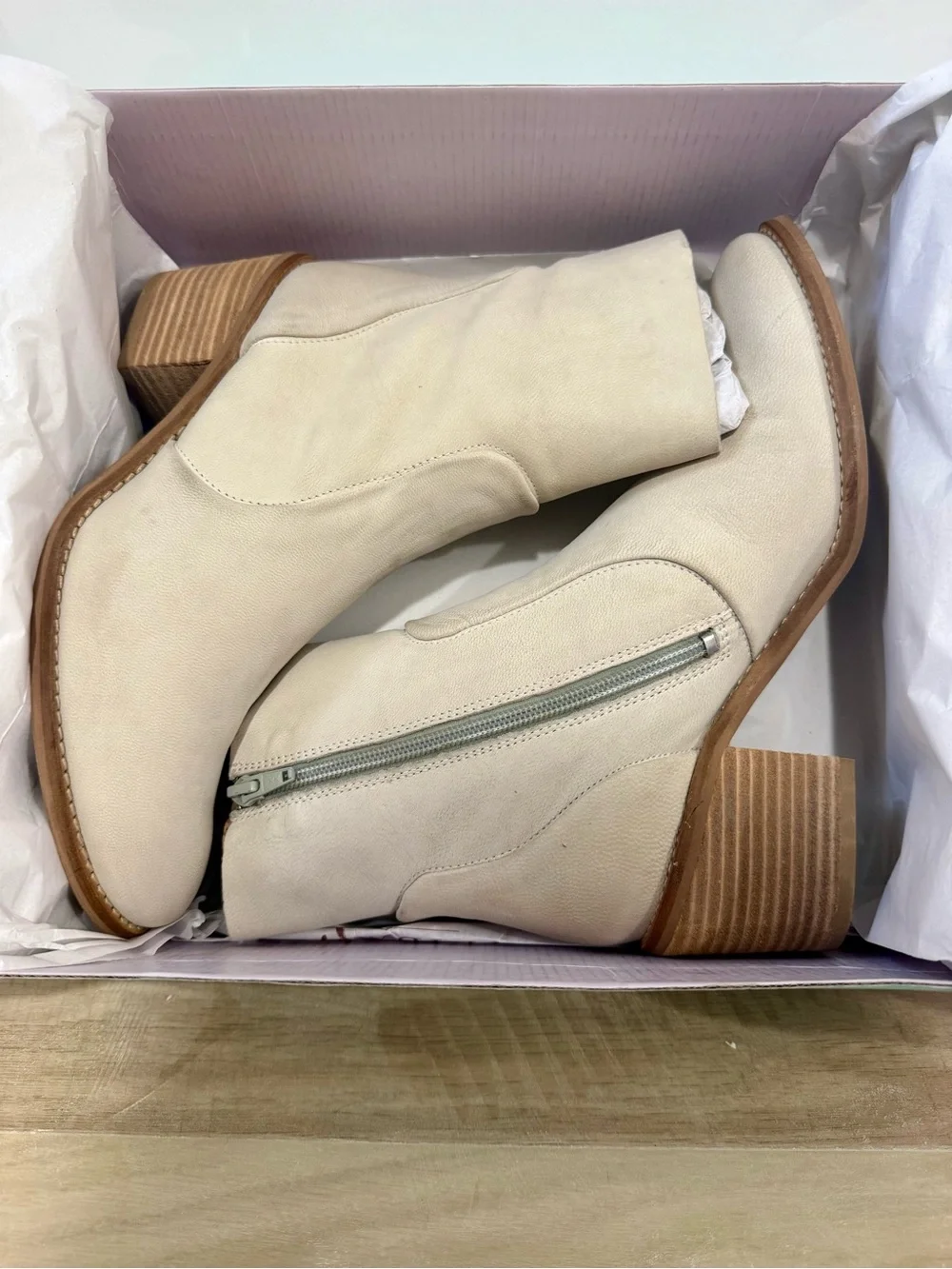Majestic Cream Ankle Booties with Stacked Wood Heel